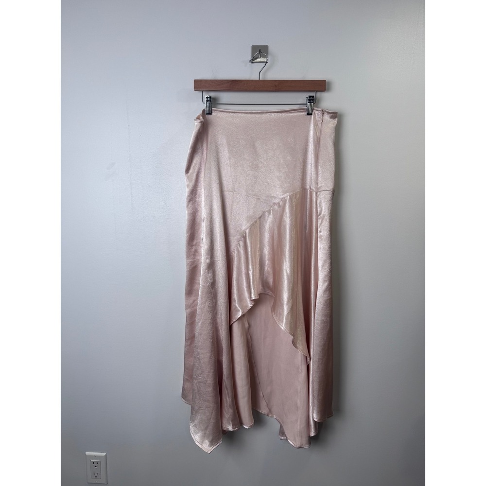 NWT Free People Women Pink Satin Ruffle High Low Midi Skirt 10